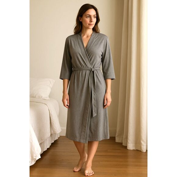 Natori Gray Cotton Rayon Slip Shift Wrap Maxi Robe Dress   Women's Size Medium - Picture 1 of 10